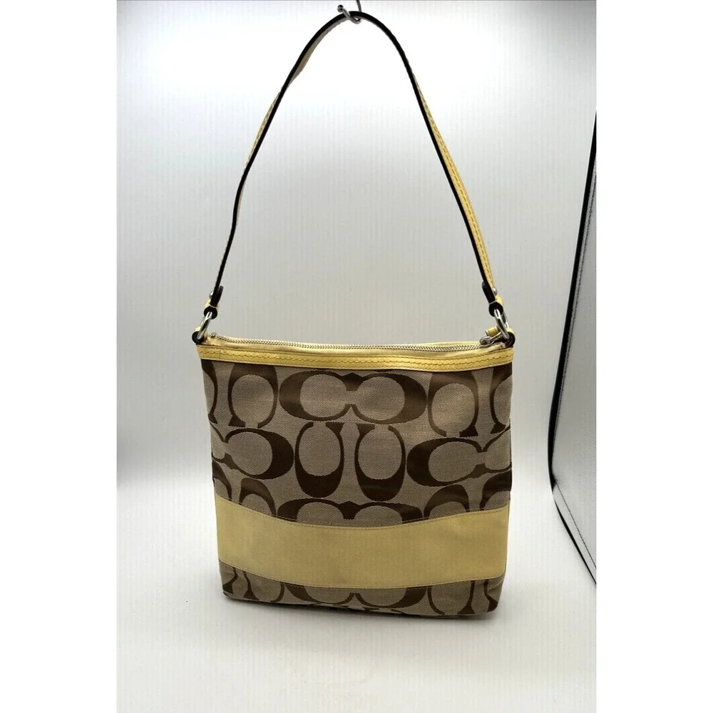 COACH Signature Khaki Canvas Logo CC Yellow Stripe Crossbody Bag  Y2K #F13674